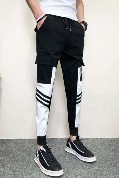 Guys New Fashion Colorblock Striped Printed Drawstring Waist Slim Fit Cargo Pants