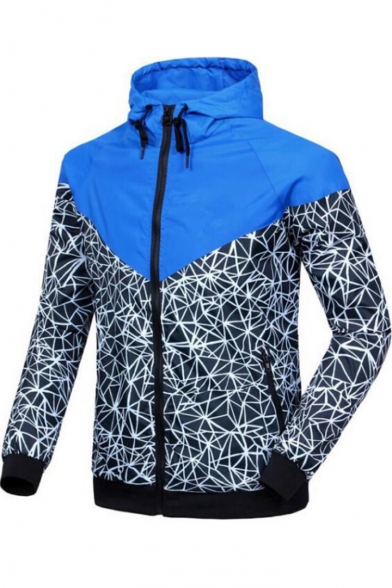 Guys New Trendy Color Block Long Sleeve Full Zip Hooded Sport Lightweight Windbreaker Track Jacket Coat