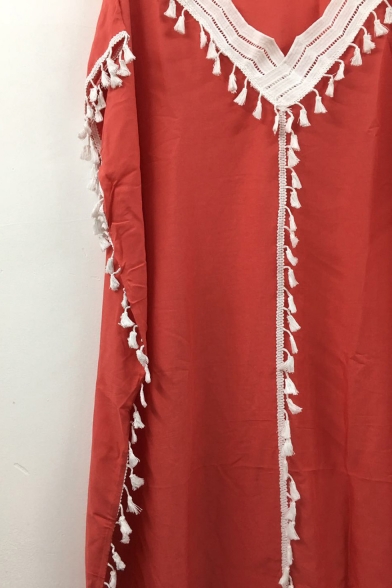 Hot Fashion Sexy V-Neck Long Sleeve Plain Tassel Detail Floor Length Boho Beach Dress