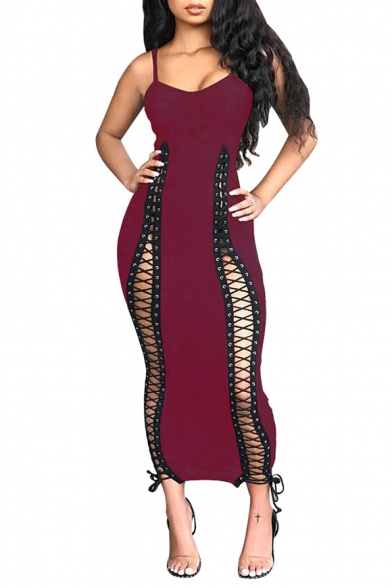 Hot Fashion Spaghetti Straps Sleeveless Lace Up Hollow Plain Maxi Cami Bodycon Dress