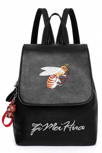 Letter Bee Pattern Black PU Leather Leisure Drawstring Backpack for Girls 27*21*12 CM