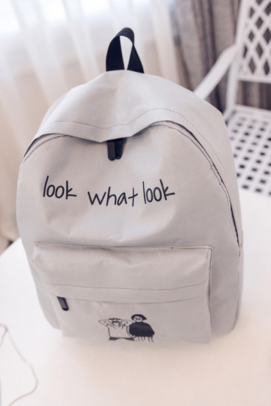 LOOK WHAT LOOK Letter Cartoon Figure Print Solid Color Canvas School Bag Backpack for Girls 35*28*9 CM