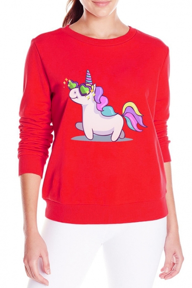Lovely Women's Comic Unicorn Print Round Neck Long Sleeve Loose Fit Sweatshirt