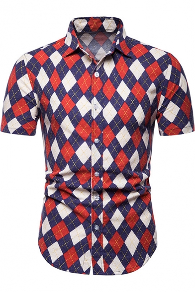 Mens Fashion Geometric Pattern Basic Short Sleeve Button Up Slim Shirt