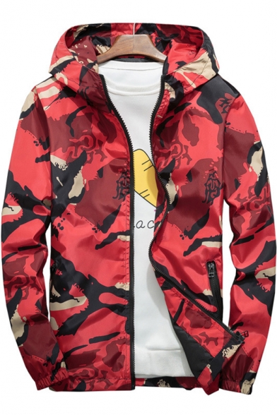 Mens New Stylish Cool Camouflage Pattern Hooded Long Sleeve Zip Up Sport Lightweight Jacket Coat