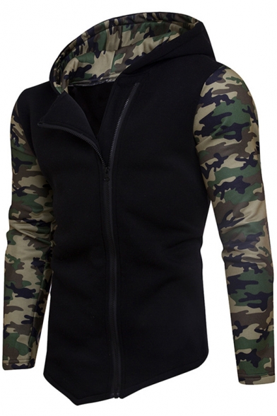 Mens New Trendy Camo Patched Long Sleeve Zip Up Slim Fitted Hoodie