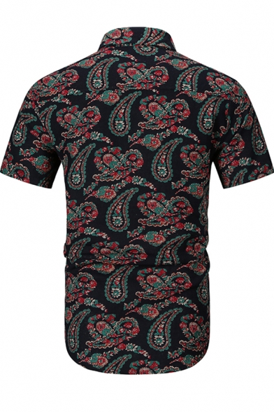 Mens Summer Trendy Tribal Pattern Spread Collar Short Sleeve Button Shirt
