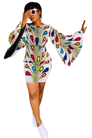 New Stylish Colorful Peacock Feather Printed Round Neck Flare Sleeve Mini Bodycon Dress