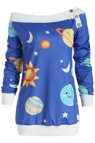 New Stylish Galaxy Sun Star Moon Print Contrast Trim Button Detail Skew Boat Neck Long Sleeve Sweatshirt