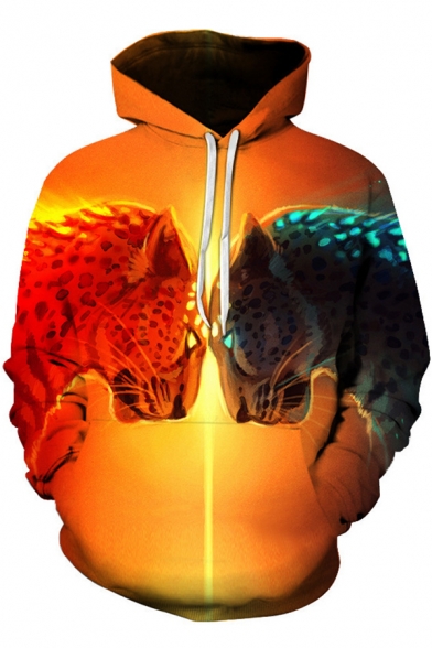 New Stylish Men's Cool Ice and Fire Leopard 3D Printed Long Sleeve Yellow Drawstring Hoodie with Pocket