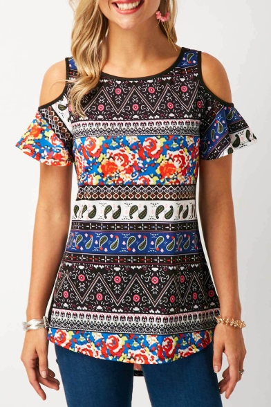 

New Stylish Round Neck Cutout Short Sleeve Tribal Print T-Shirt For Women, LM527256