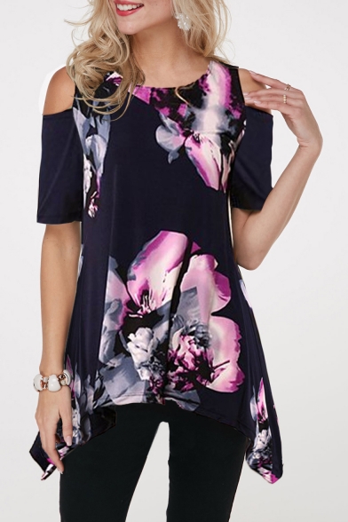 New Trendy Round Neck Cutout Short Sleeve Floral Print Loose Black T-Shirt For Women