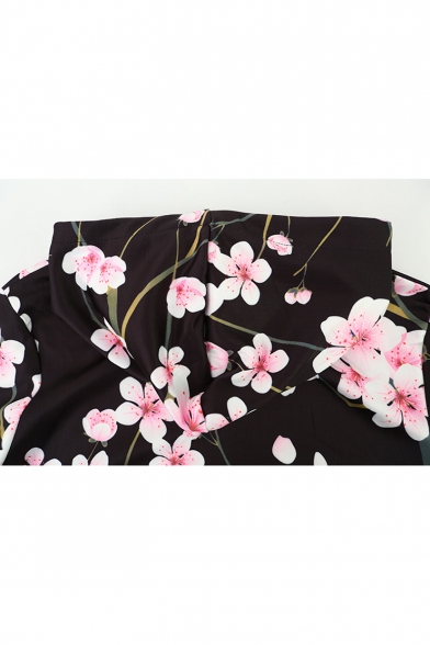 Pink Plum Blossom Floral Printed Long Sleeve Casual Loose Pullover Drawstring Hoodie