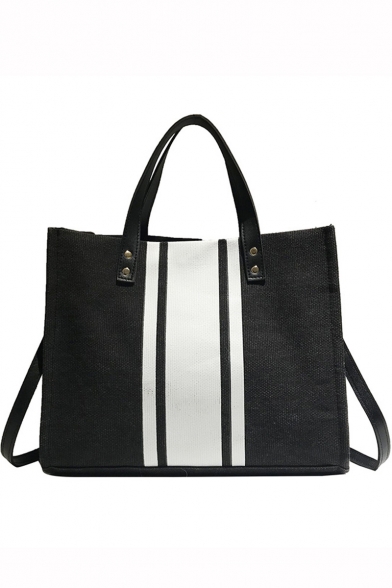 Popular Color Block Stripe Pattern Large Capacity Canvas Shoulder Tote Bag 33*15*27 CM