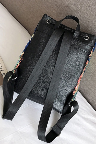 Popular Ombre Color Plush Ball Ribbon Embellished Sequin Drawstring Bucket Bag Tote Backpack 30*26*15 CM