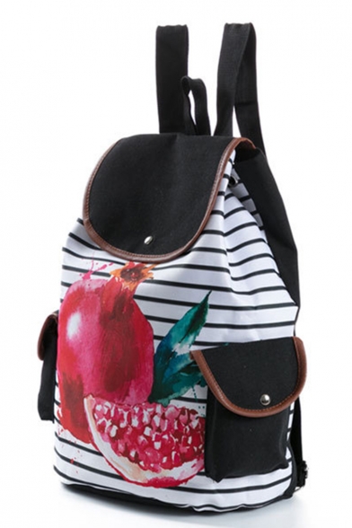 Popular Stripe Fruit Printed Double Pocket Side Black and White School Backpack 28*11*39 CM