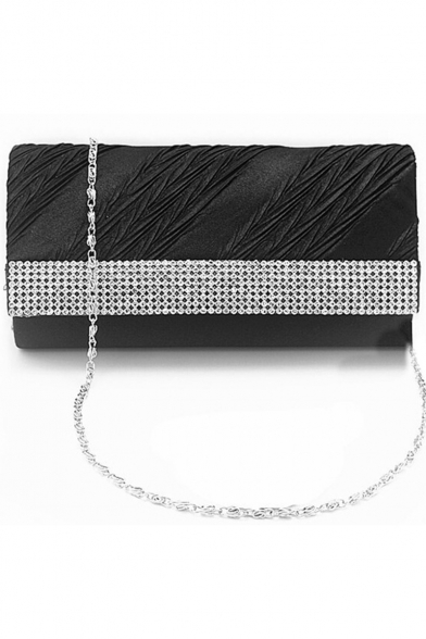Stylish Plain Ruffle Detail Rhinestone Embellishment Evening Clutch Bag 20*4.5*9.5 CM