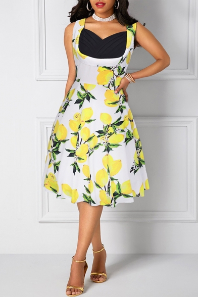 

Summer Chic Lemon Pattern V-Neck Sleeveless Fashion Patchwork Midi Fit and Flared Dress, Black;red;white, LM535535