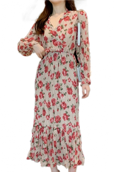 Summer Chic Red Floral Pattern V-Neck Long Sleeve Maxi Chiffon Pleated Ruffle Dress