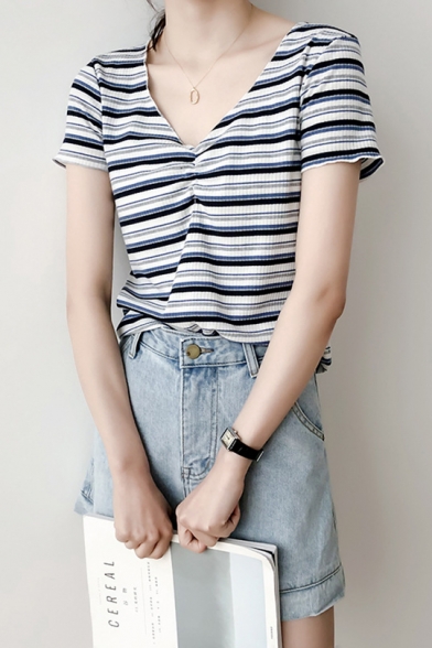 Summer Chic Ruched V-Neck Short Sleeve Striped Printed Loose T-Shirt