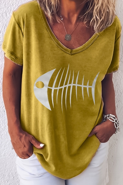 Summer Funny Fish Bone Printed V-Neck Short Sleeve Loose Fitted T-Shirt