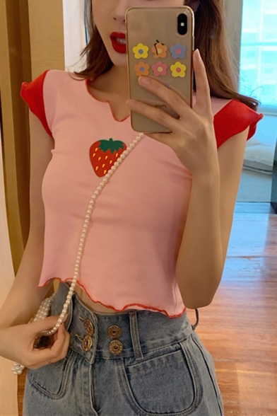 Summer Girls Pink Cute Strawberry Print Slim Fit Cropped T-Shirt