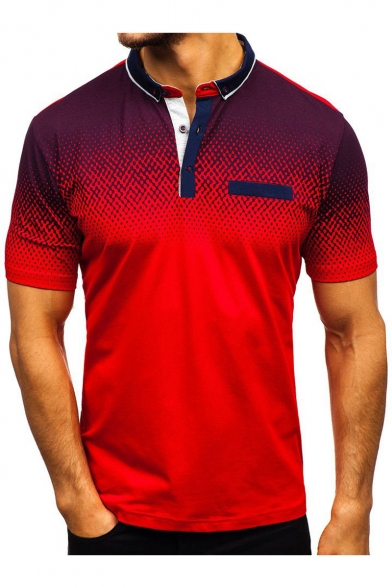 Summer Men's 3D Print Patch Chest Contrast Trim Lapel Collar Short Sleeve Slim Fit Polo Shirt