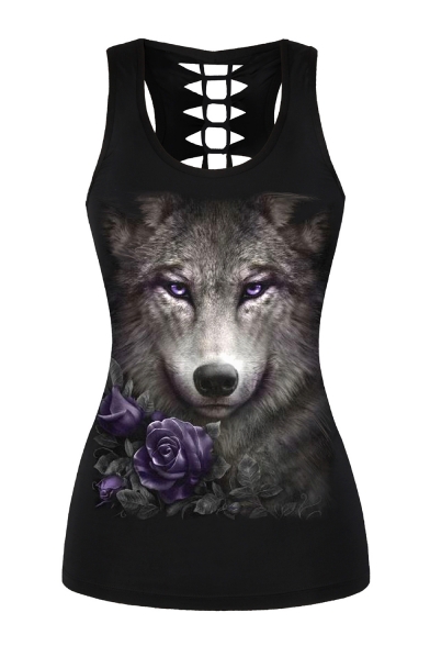 Summer New Stylish 3D Wolf Printed Scoop Neck Hollow Out Back Black Fitted Tank Top