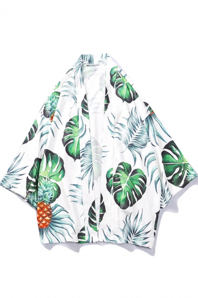 Summer Trendy Green Leaf Pineapple Printed Open Front Three-Quarter Sleeve White Unisex Kimono Shirt