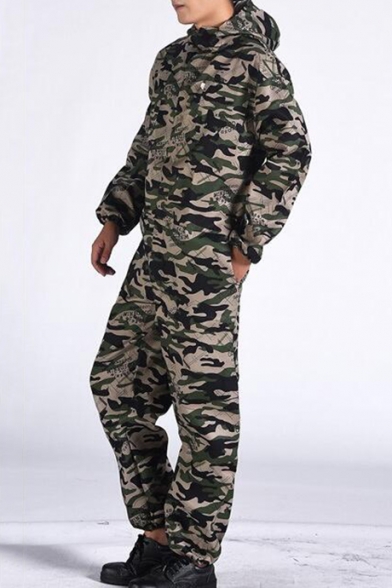 Trendy Camo Pattern Hooded Long Sleeve Dust-Proof Breathable Green Workwear Mechanic Coveralls