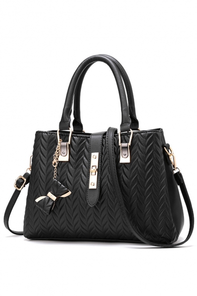 Trendy Retro Solid Color Embossing Pattern Bow Embellishment Commuter Satchel Handbag 31*12*22.5 CM