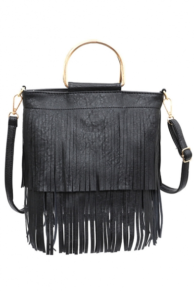 Trendy Solid Color Top Handle Fringed Shoulder Bag Satchel Handbag 24*7*22 CM