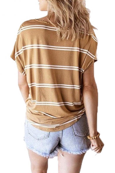 Trendy Striped Printed Batwing Sleeve Oblique Button Front Casual Loose Tee