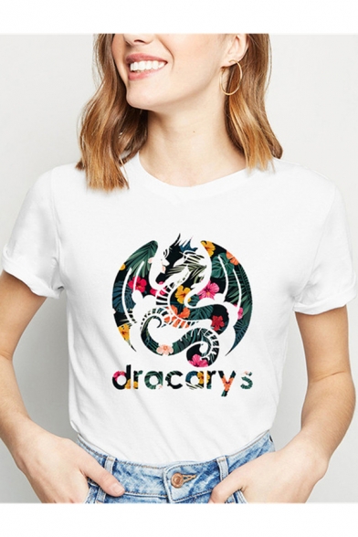 Unique Leaf Floral Dragon DRACARYS Graphic Print Round Neck Short Sleeve White T-Shirt