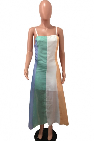 Women's Hot Fashion Spaghetti Straps Colorblock Printed Loose Maxi Chiffon Slip Dress