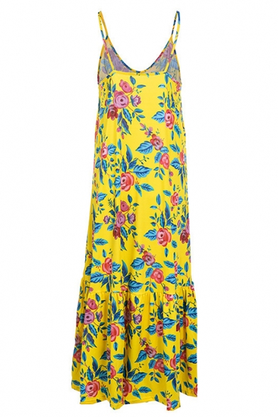 Women's Hot Fashion V-Neck Sleeveless Floral Printed Maxi Swing Slip Yellow Dress