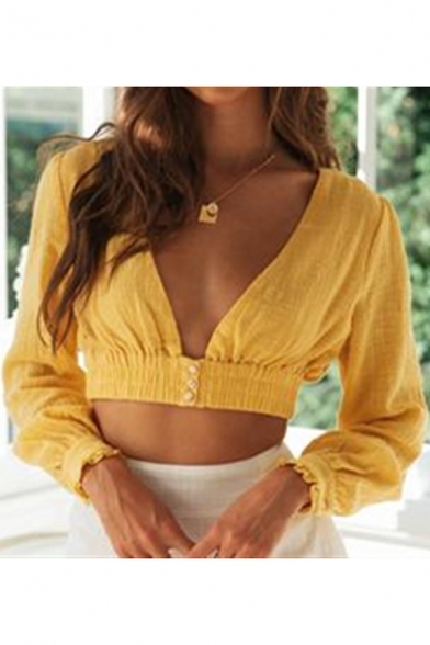 Women's Hot Popular Sexy Plunging V-Neck Long Sleeve Yellow Blouse Top