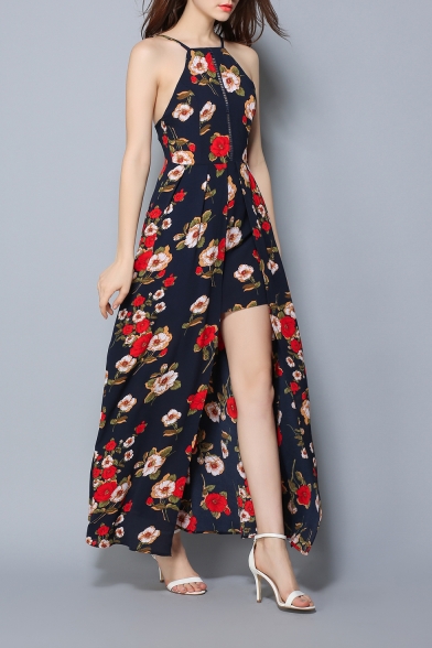 Women's Halter Neck Sleeveless Floral Printed Split Detail Maxi A-Line Slip Dress