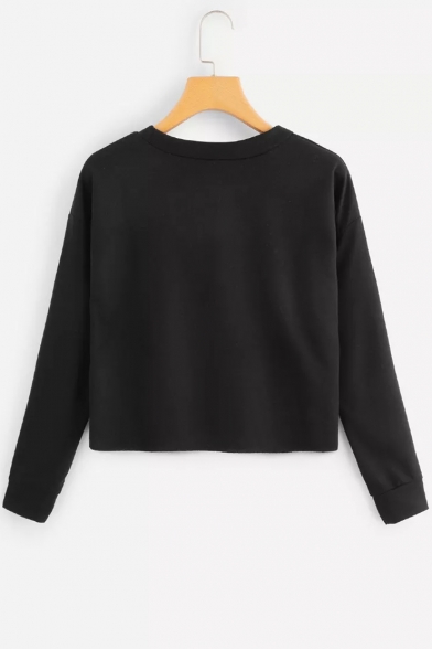 Women's Stripe Print Long Sleeve Round Neck Black Sporty Crop Sweatshirt
