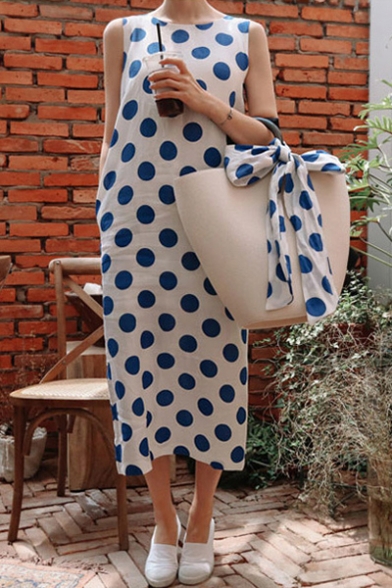 Women's Summer Classic Sexy Round Neck Sleeveless Polka Dots Printed Midi Tank Blue Dress
