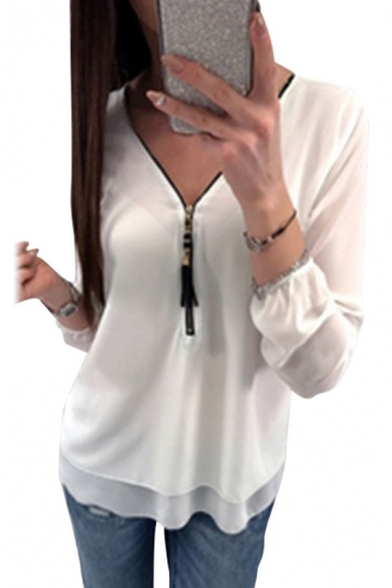 Women's V Neck Long Sleeve Tassel Zip Solid Chiffon T-Shirt
