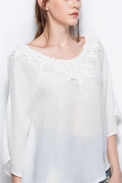 Womens Chic White Lace Patched Round Neck Casual Loose Plain Chiffon Top