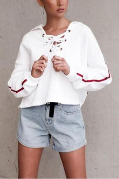 Womens New Trendy Striped Long Sleeve Lace-Up Collar White Loose Hoodie