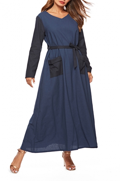 Womens Plus Size Trendy Navy Blue V-Neck Long Sleeve Tied Waist Maxi ...