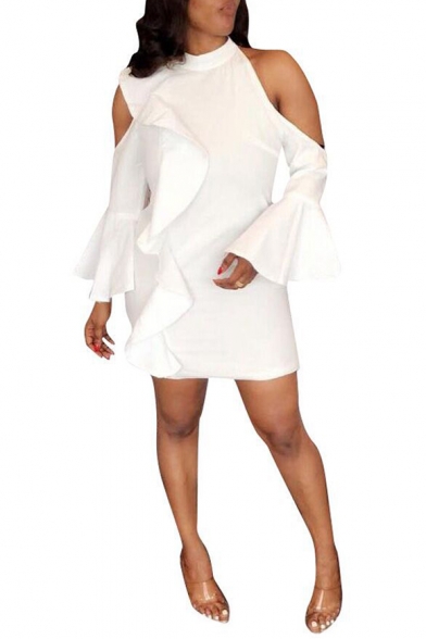 Womens Simple Plain Cold Shoulder Flared Sleeve Mini White Sheath Dress