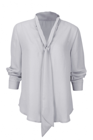 Womens Stylish Simple Solid Color Tied V-Neck Long Sleeve Casual Chiffon Top