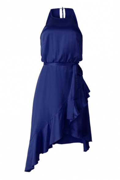 Womens Summer Halter Sleeveless Ruffle Asymmetric Hem Plain Midi Dress