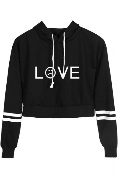 Basic Simple Letter LOVE Sad Face Printed Striped Long Sleeve Cropped Hoodie