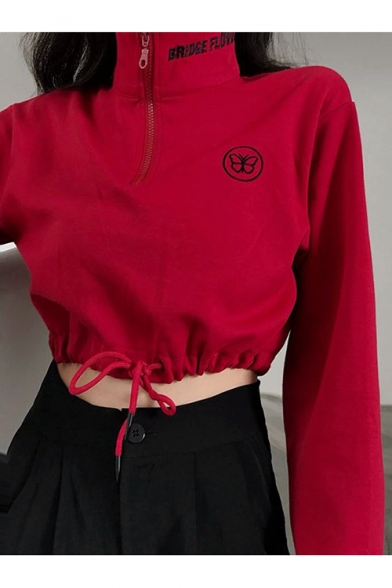 Chic Butterfly Print Zipper Front High Neck Long Sleeve Drawstring Hem Red Cotton Loose Fit Cropped Sweatshirt