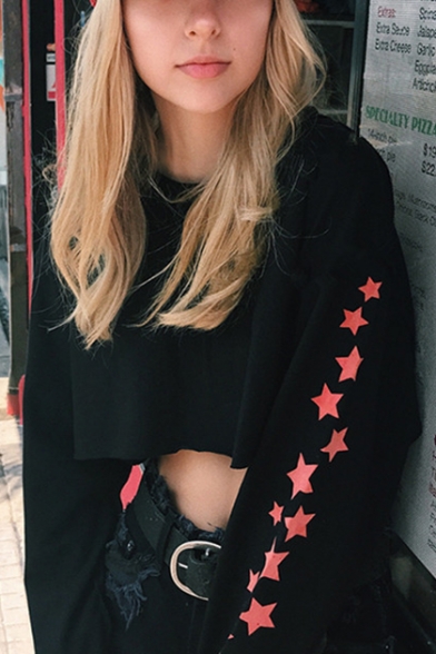 Chic Simple Star Pattern Round Neck Long Sleeve Black Cropped Sweatshirt